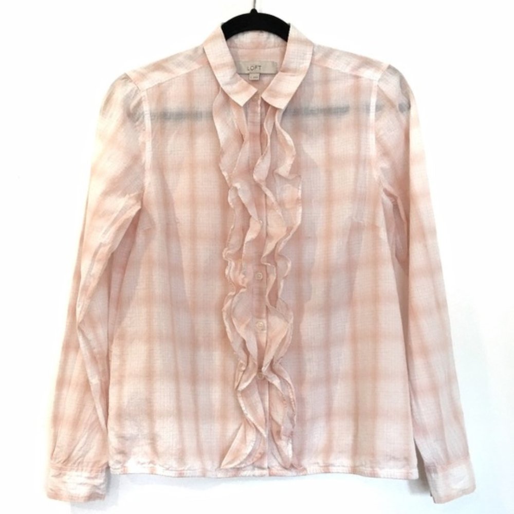 LOFT Cotton Soft Pink Plaid Ruffle Top | XS